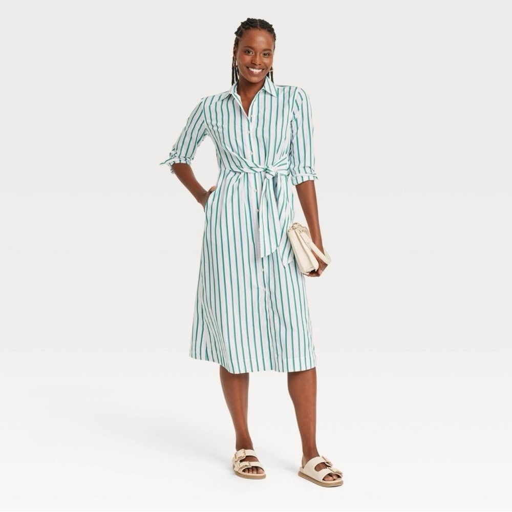 Universal Thread Green, Navy, and White Striped, Tie Waist, Midi Dress, XXL - Picture 2 of 8